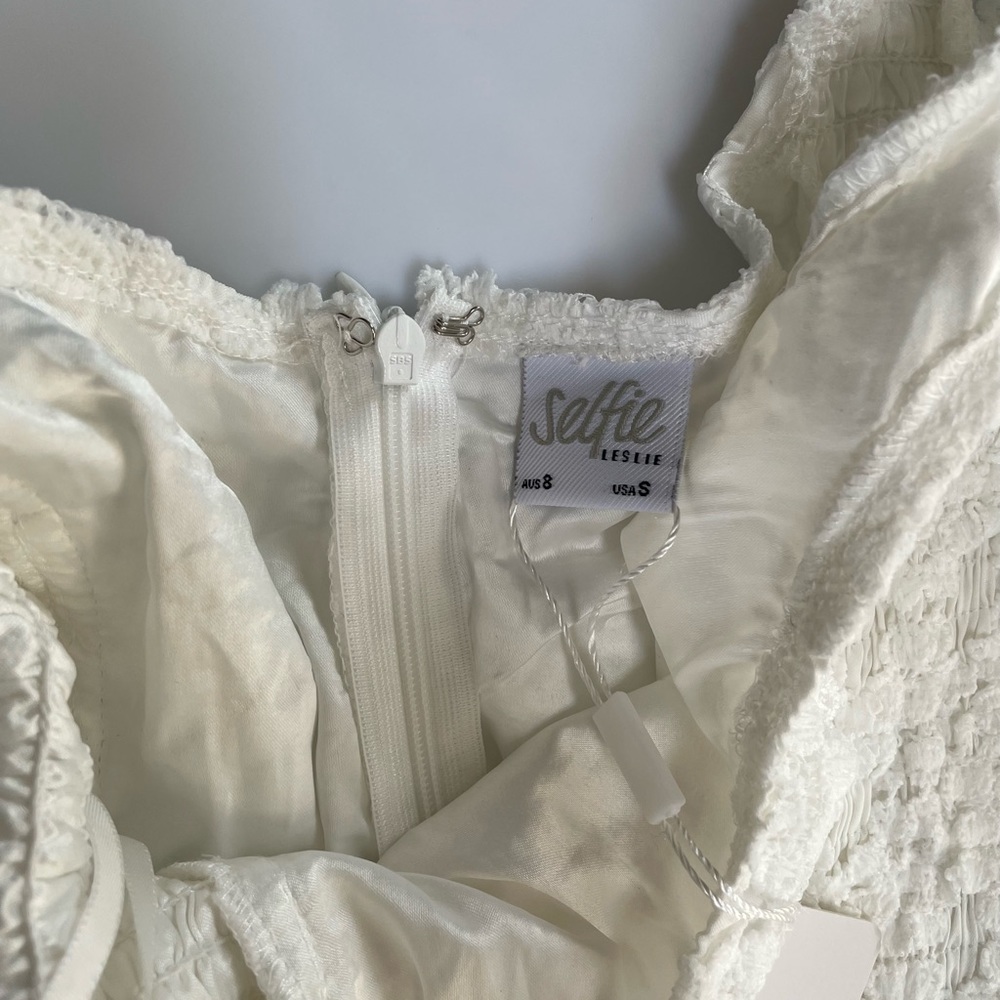 SELFIE LESLIE SUMMER BLOOM BALLOON SLEEVE LACE OVERLAY MINI DRESS WHITE - Picture 7 of 8